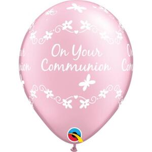 Qualatex Balón QL 11" s potiskem "On Your Communion", metalická růžová / 25 ks.