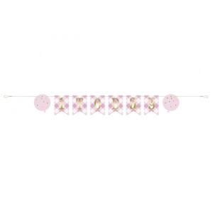 Unique party Papírový prapor Gingham k prvním narozeninám, růžový, 183 cm