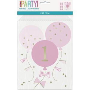Unique party Papírové sáčky Gingham k 1. narozeninám, růžové, 8 ks.