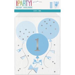 Unique party Papírové sáčky Gingham k 1. narozeninám, modré, 8 ks.