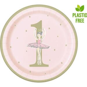 Unique party Papírové talíře pro baletku, růžové a zlaté, 1. narozeniny, 23 cm, 8 ks (bez plastu)