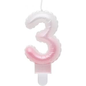 Godan / candles Svíčka číslo 3, ombre, perleťově bílá a růžová, 7 cm
