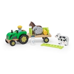 Viga Dřevěný traktor s přívěsem a zvířaty