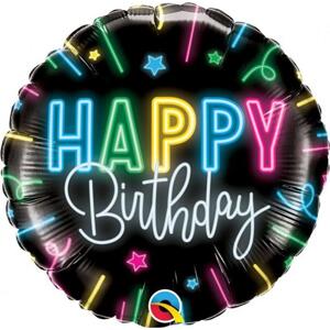 Qualatex 18" QL RND fóliový balónek Happy Birthday, neonový nápis