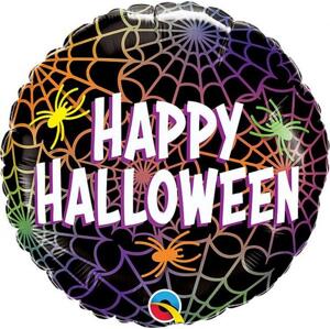 Qualatex Fóliový balónek 18" QL RND "Happy Halloween" (barevná pavučina)