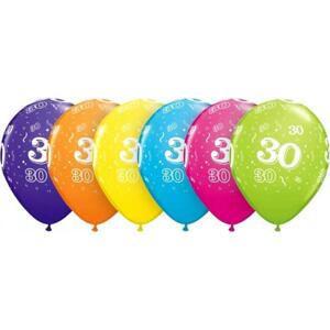 Qualatex Balón QL 11" s potiskem "30", pastelový tropický mix / 6 ks ST ASSORT