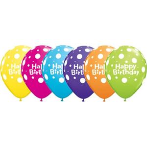 Qualatex Balónek QL 11" s potiskem "Happy Birthday and puntíky", pastelový tropický mix / 6 ks.