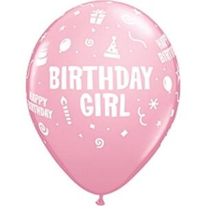 Qualatex Balón QL 11" s potiskem "Birthday Girl", pastelově růžový / 6 ks.