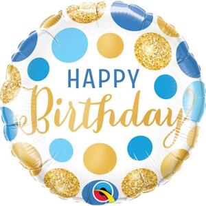 Qualatex Fóliový balónek 18" QL CIR - Happy Birthday Blue & Gold Dots