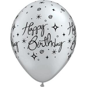 Qualatex Balónek QL 11" s potiskem "Happy Birthday - Elegant Sparkles & Swirls", metalická stříbrná / 25 ks.