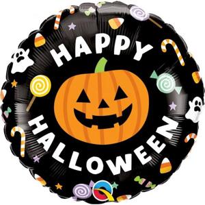 Qualatex Fóliový balónek 18" QL RND "Happy Halloween" (dýně a cukroví)