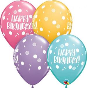 Qualatex Balónek QL 11" s potiskem "Happy Birthday - Dots & Sprinkles", mix pastelů / 25 ks.